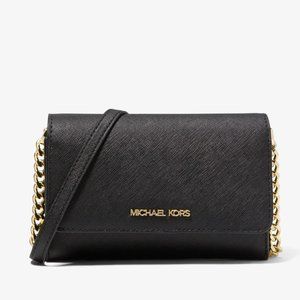 New Michael Kors Jet Set Travel Medium Phone Crossbody Saffiano Leather Black